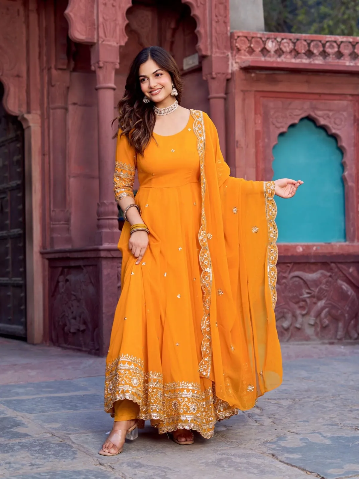 Traditional Inspired Full Length Gown with Rich Ethnic Detailing